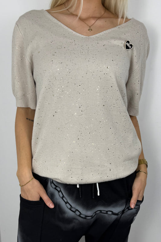 Damen Shirt mit Herz-Detail und Glitzer-Akzenten -Beige
