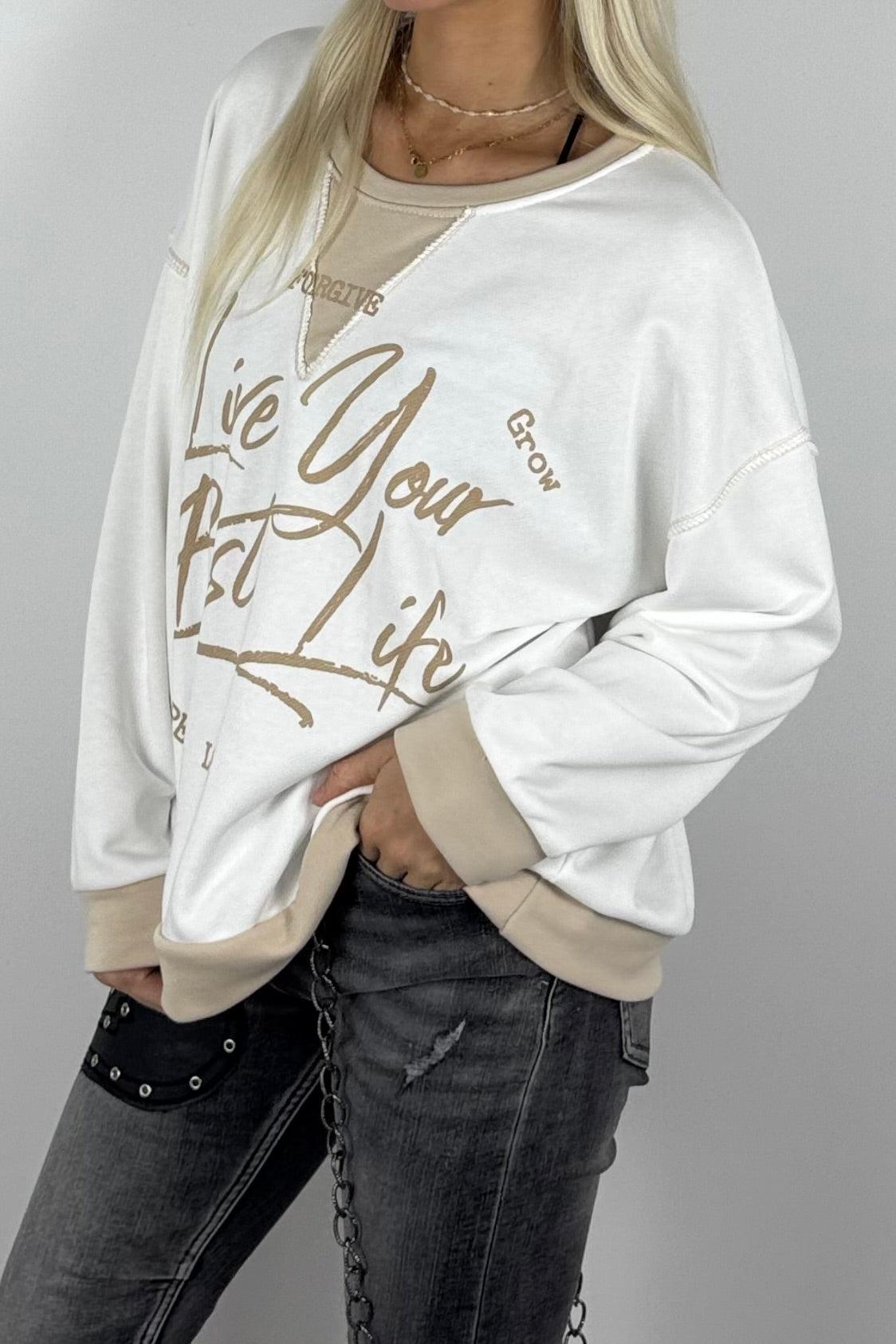 Damen-Sweatshirt mit „Live Your Best Life“-Print-Weiß