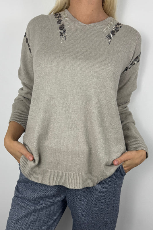 Feinstrick Pullover mit Glitzer-Details und V-Ausschnitt-Beige