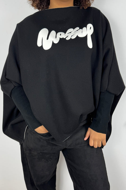 Locker geschnittenes Shirt mit Schriftzug-Schwarz