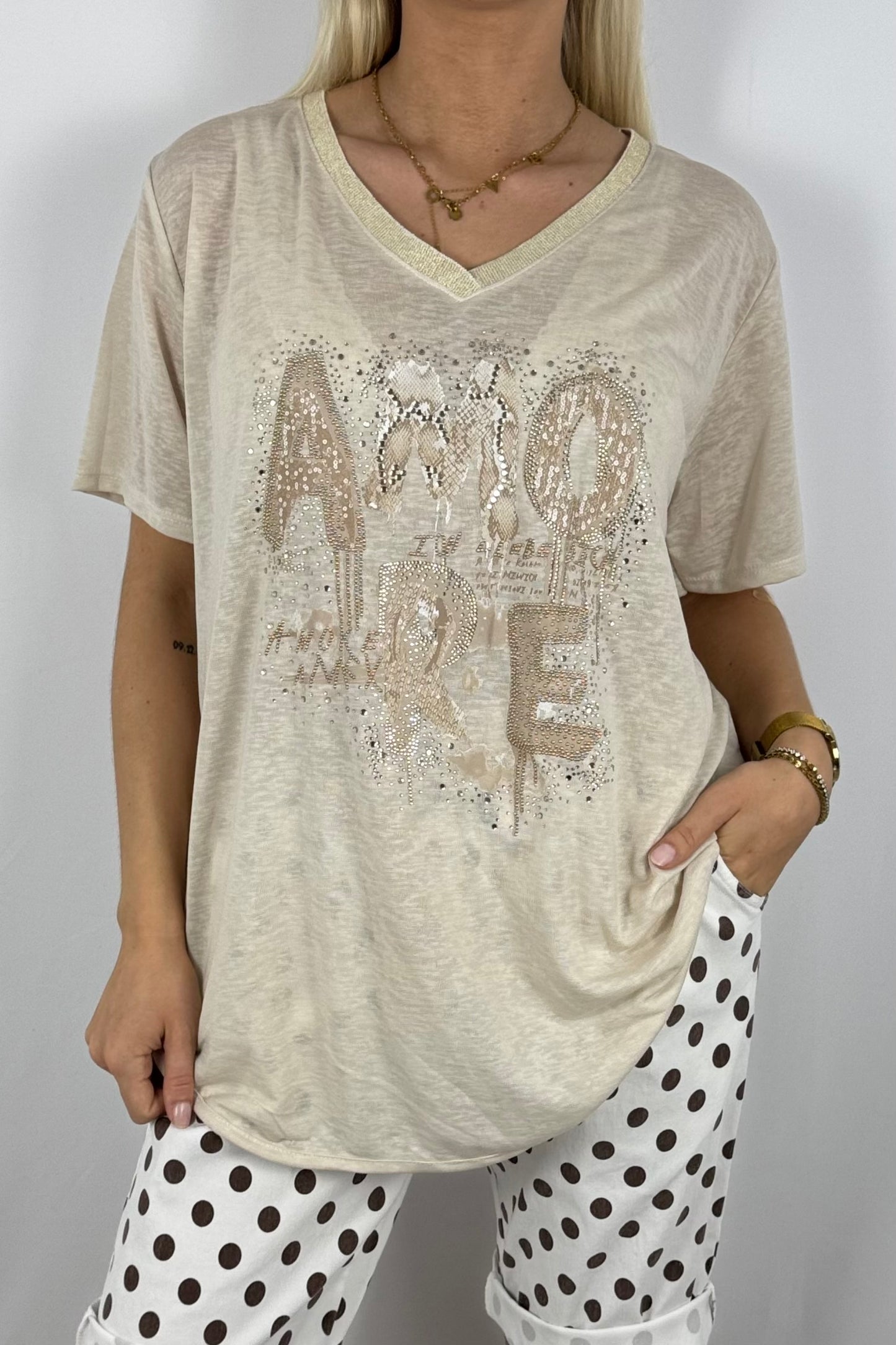 Shirt „AMORE“ mit Glitzer-Print-Beige