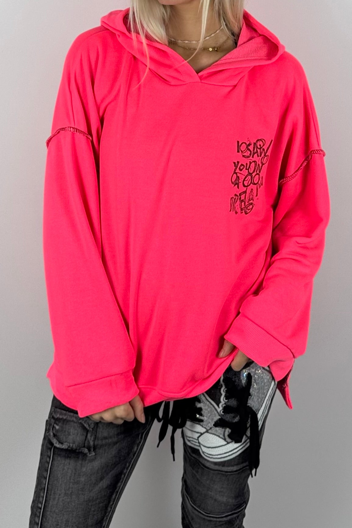 Damen-Hoodie mit Schriftprint und Ziernähten-Neon Pink