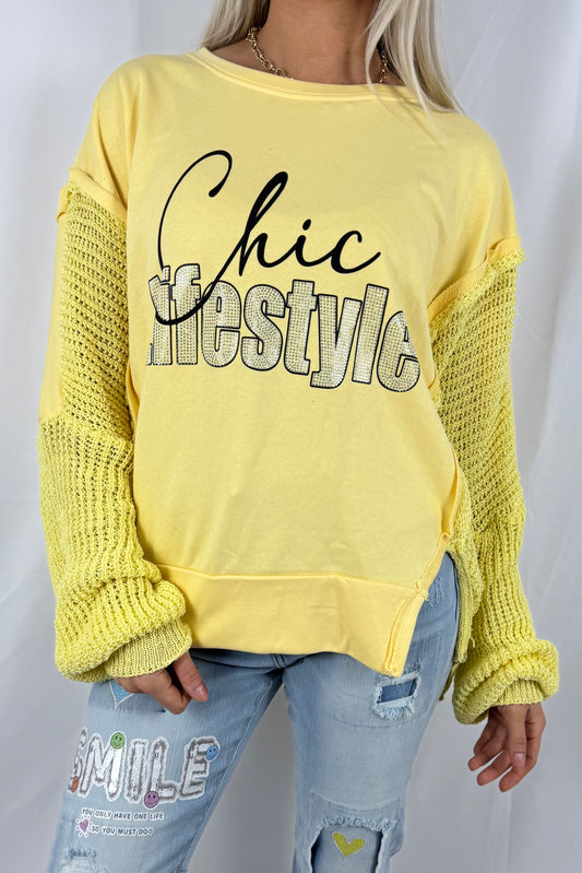 Sweatshirt mit Schrift-Print & Strickärmeln-Gelb