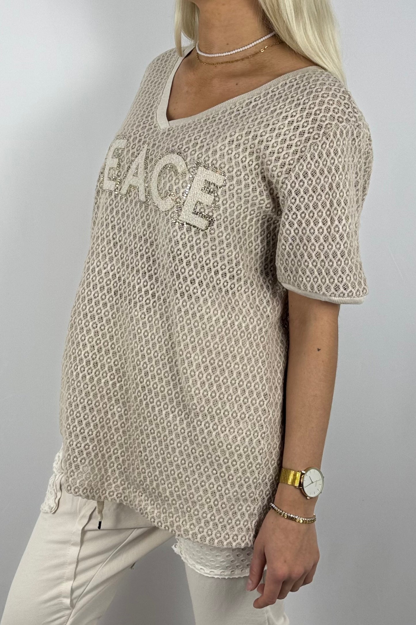 Netz-Shirt „PEACE“ mit Strass-Applikation-Beige