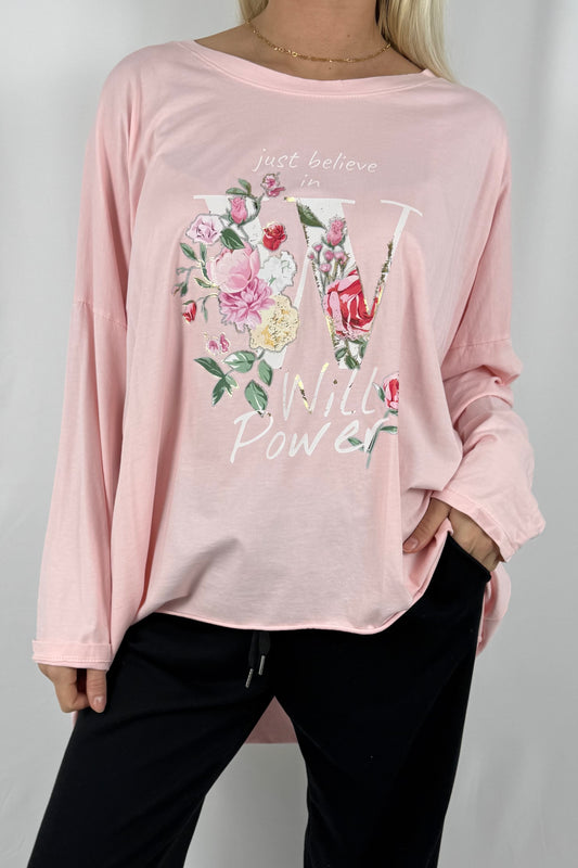 Oversize Damen Shirt mit Love Will Power Print-Rosa