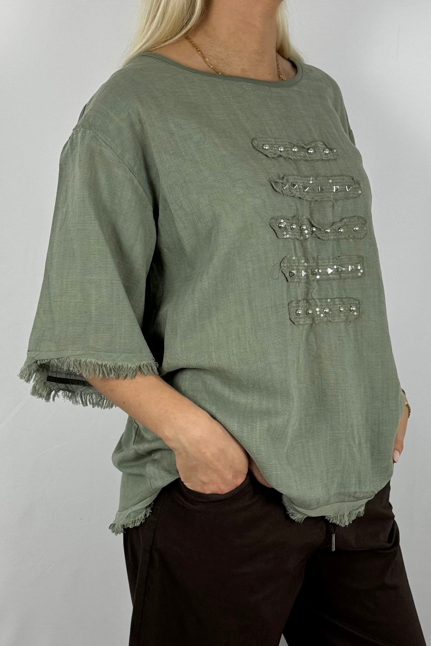 Leinen-Shirt mit Fransen & Nieten-Details-Khaki