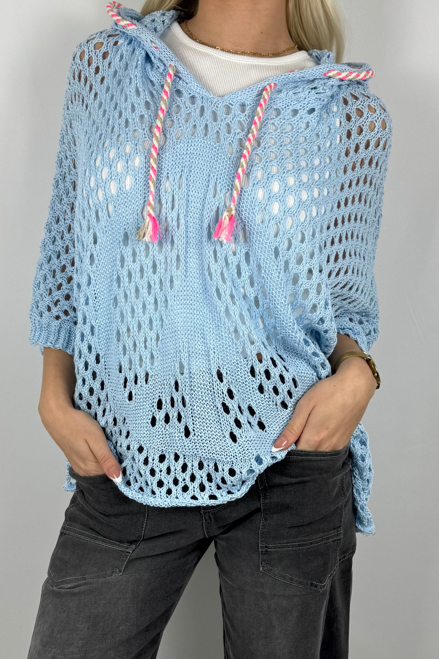 Häkel Hoodie Shirt mit Lochmuster Damen-Hellblau