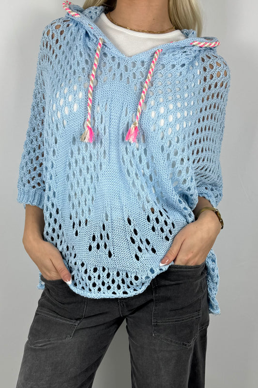 Häkel Hoodie Shirt mit Lochmuster Damen-Hellblau