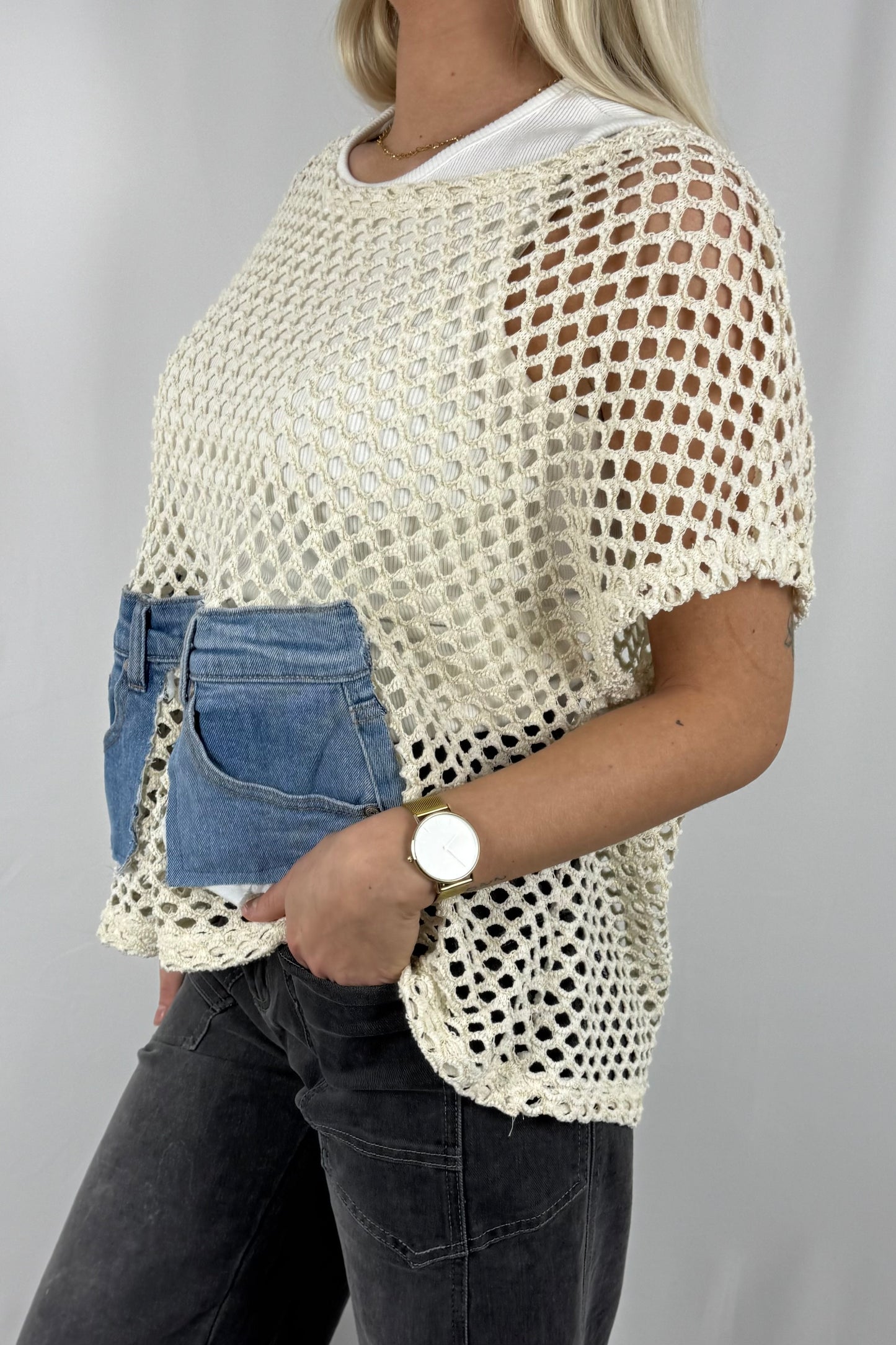 Damen Strick Shirt mit Netzstruktur und Denim Detail-Beige
