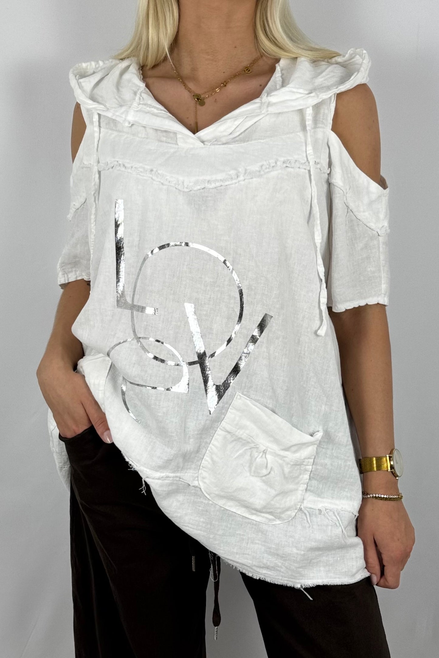 Leinen-Top mit Kapuze & LOVE-Print-Weiß