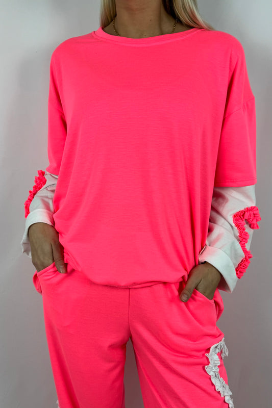 Damen Shirt mit Herz Applikation an den Ärmeln-Pink