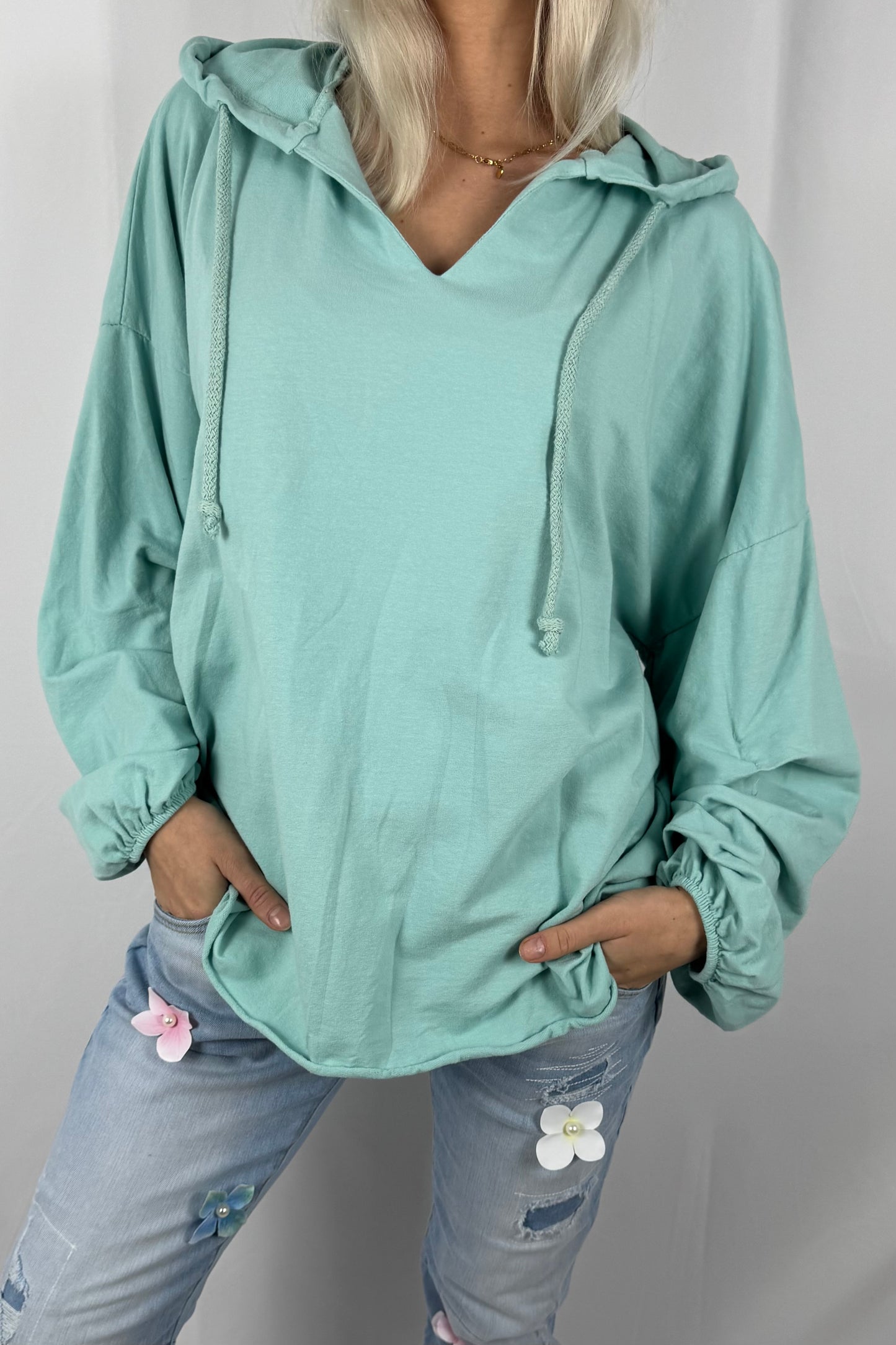 Damen Hoodie Shirt mit V-Ausschnitt –Mint