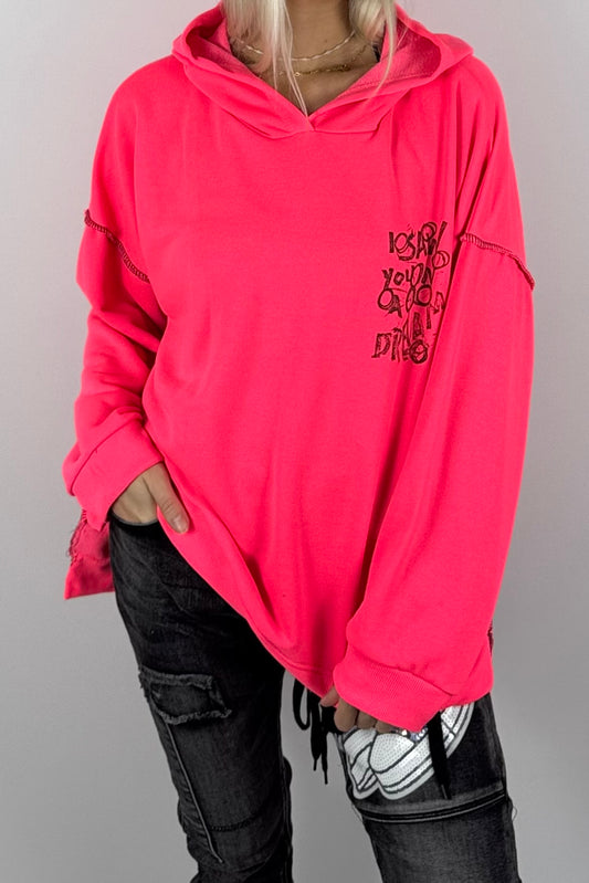 Damen-Hoodie mit Schriftprint und Ziernähten-Neon Pink