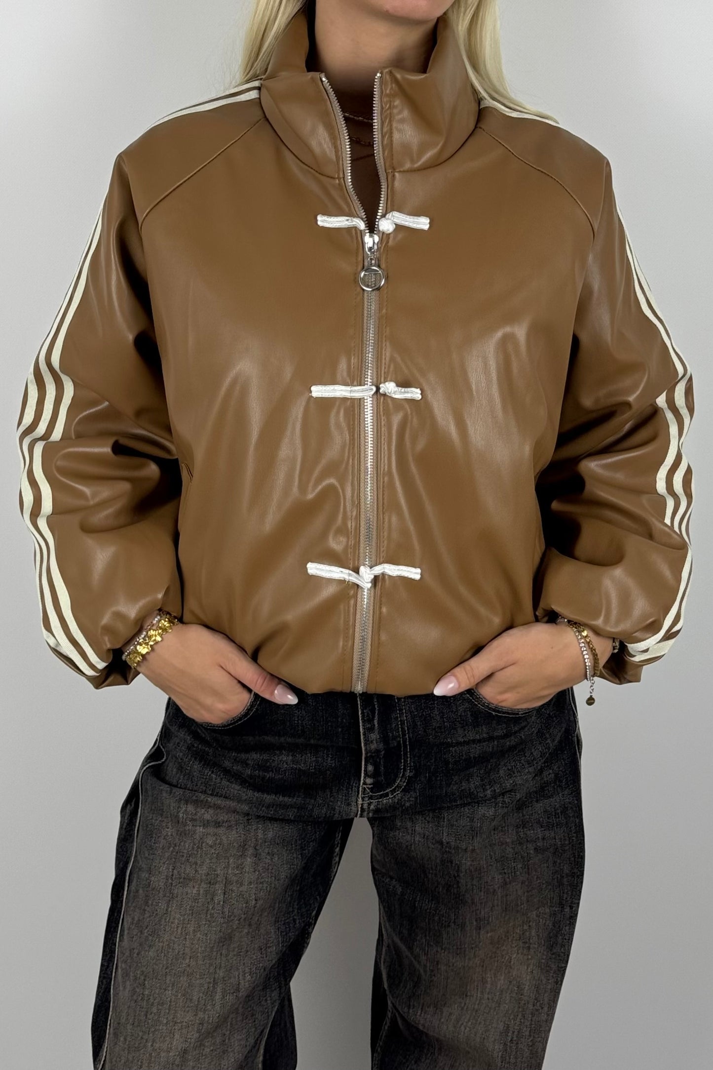 Damen Kunstlederjacke mit Streifen & Zierdetails –mud