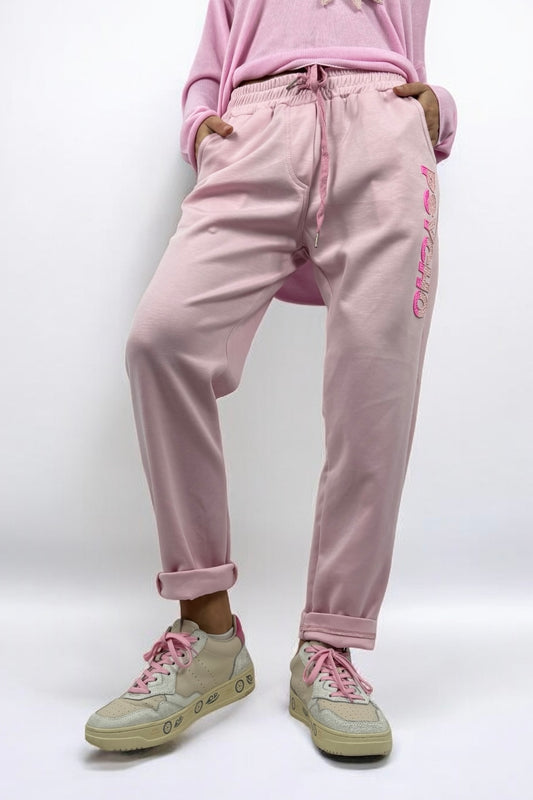 Hose mit elastischem Bund & Schriftzug „PSYCHO“-Rosa