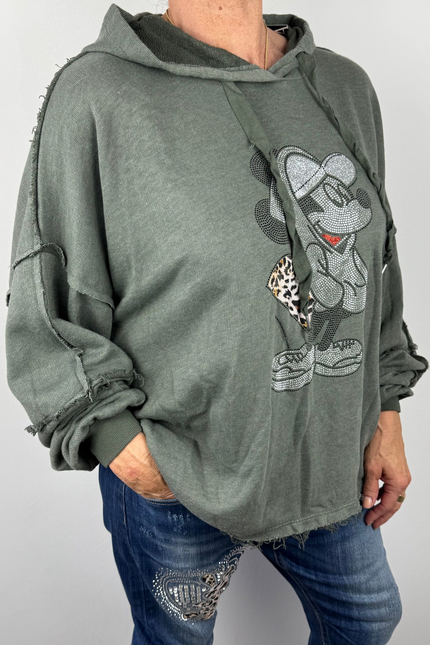 Damen Hoodie mit Glitzer-Motiv & Animal-Print-Detai
