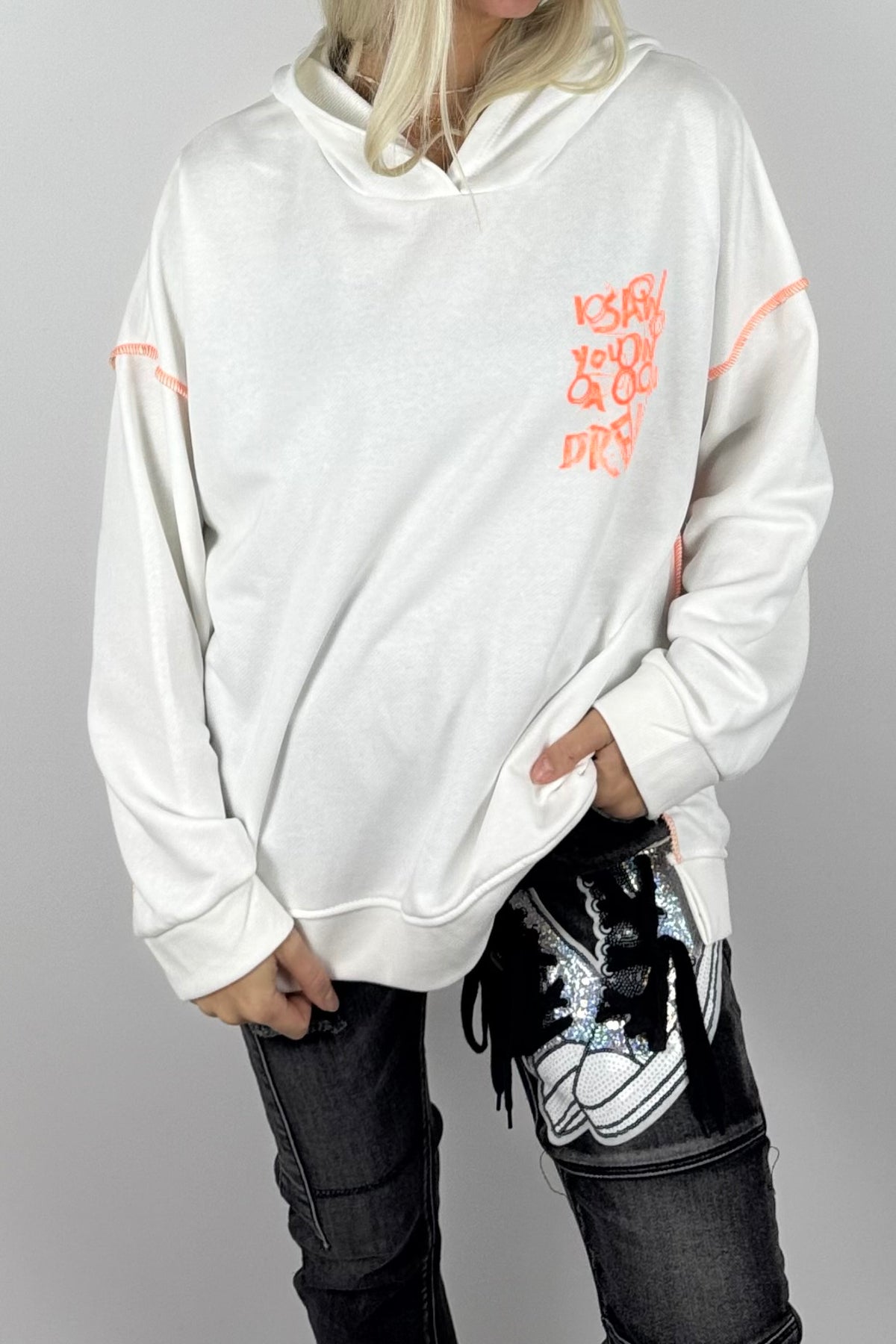 Damen-Hoodie mit Schriftprint und Ziernähten-Weiß