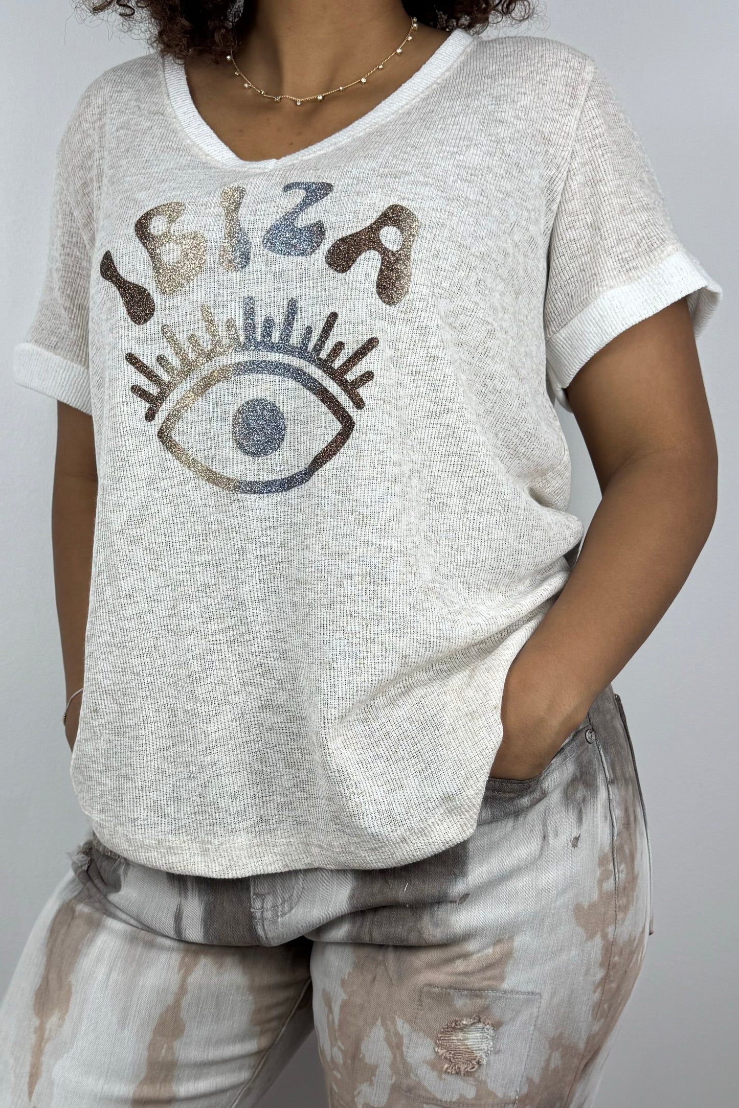 Damen-T-Shirt mit „Ibiza“-Print und V-Ausschnitt