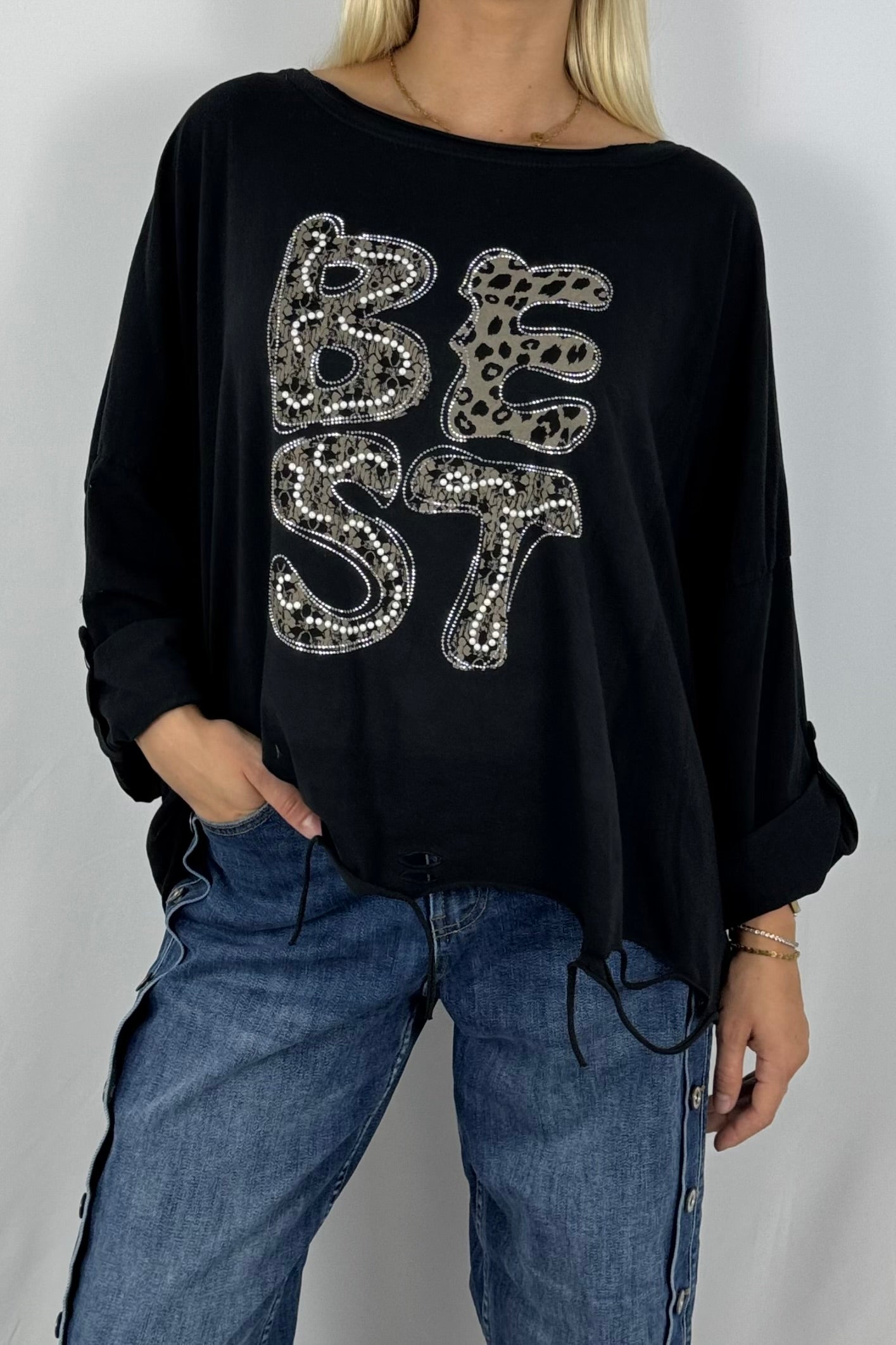 Oversize-Shirt „BEST“ mit Leo-Print und Strass-Details-Schwarz