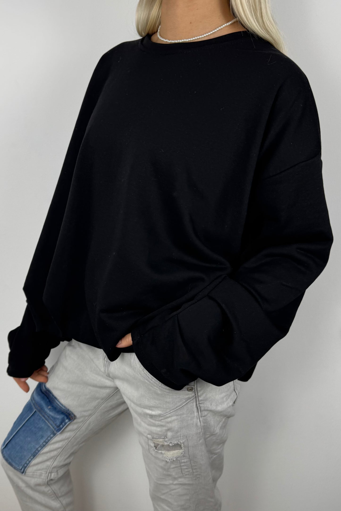 Oversize Sweatshirt mit Faltendetail –Schwarz