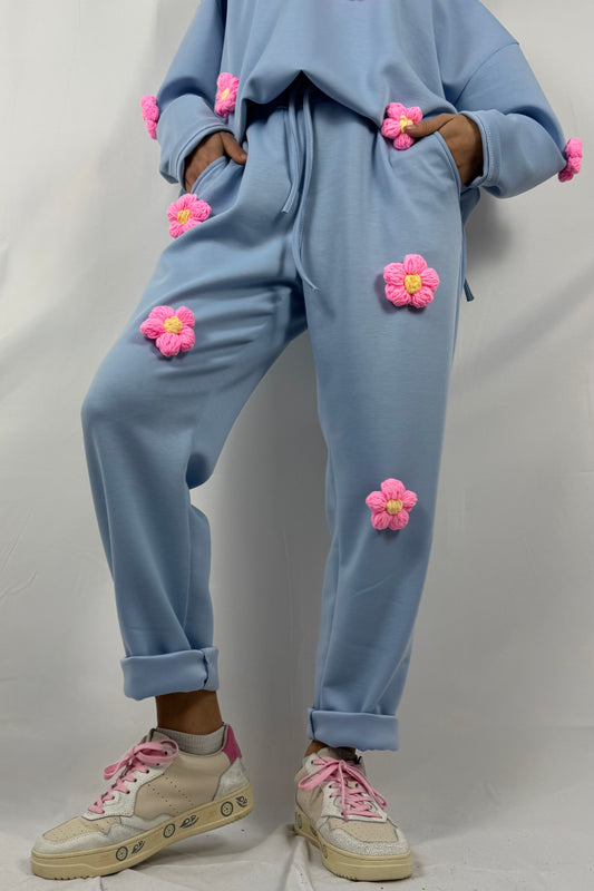 Hose mit Häkelblumen & Kordelzug-Hell Blau