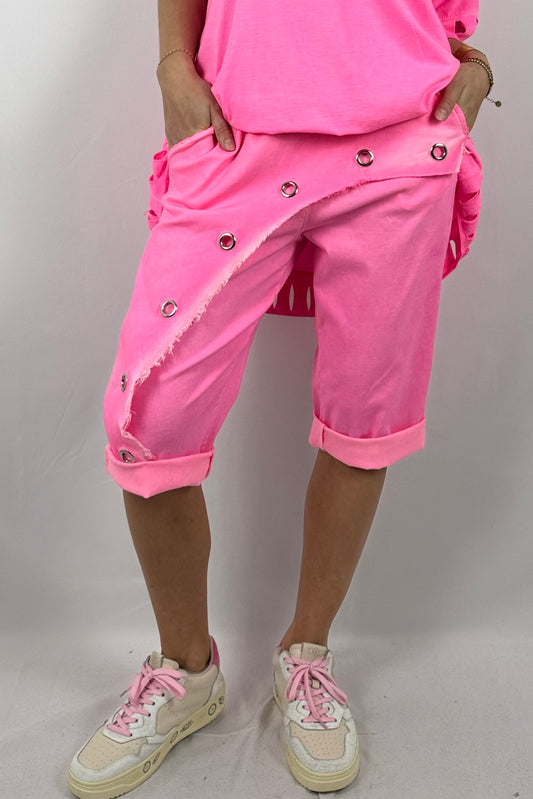 Paperbag-Shorts mit Zierösen und asymmetrischer Front- Neon Pink