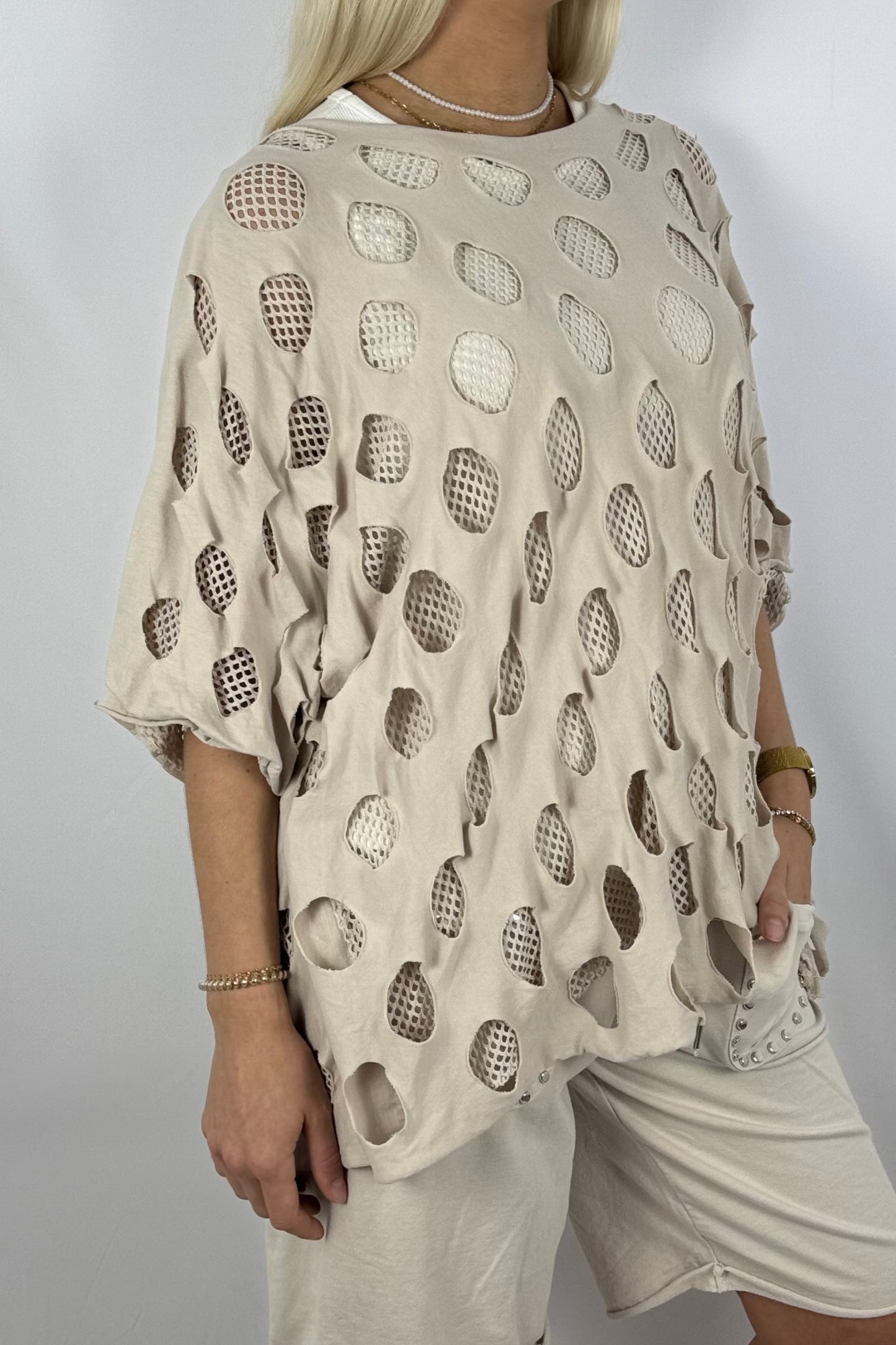 Oversize-Netzshirt aus Baumwolle-Beige