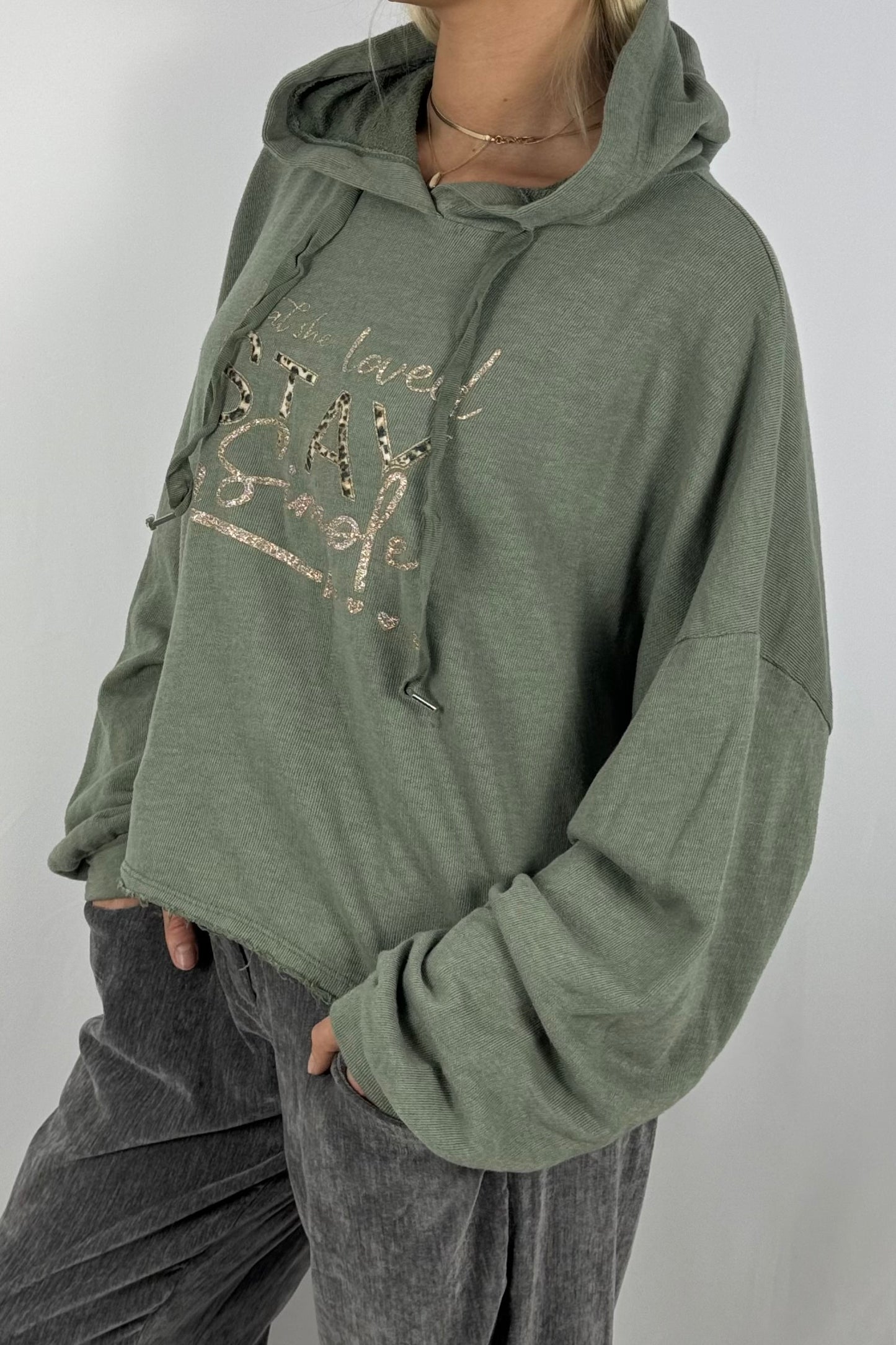 Damen Hoodie – Cropped mit Statement-Print-Khaki