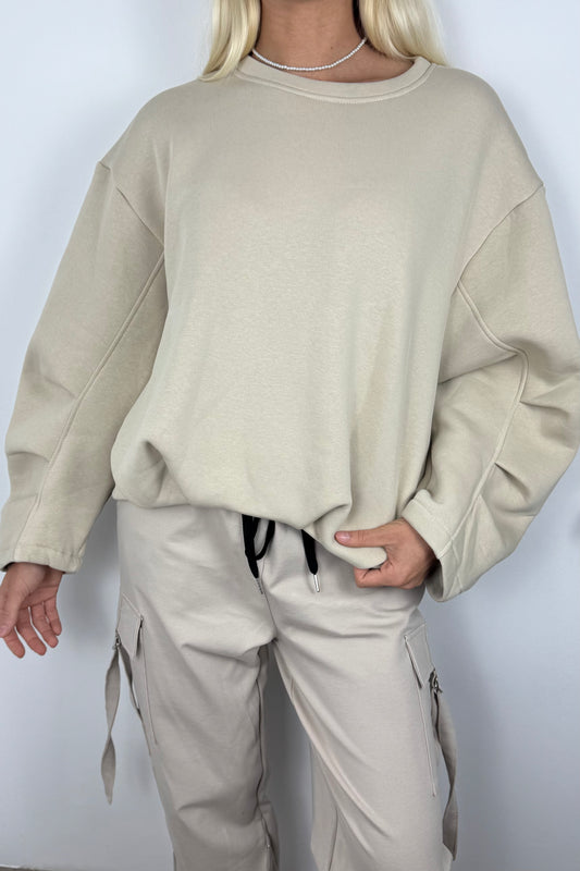 Damen Oversize Sweatshirt mit Rundhalsausschnitt –Beige