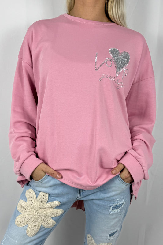 Damen Sweatshirt mit Glitzer Herz & Plissee Einsatz-Rosa