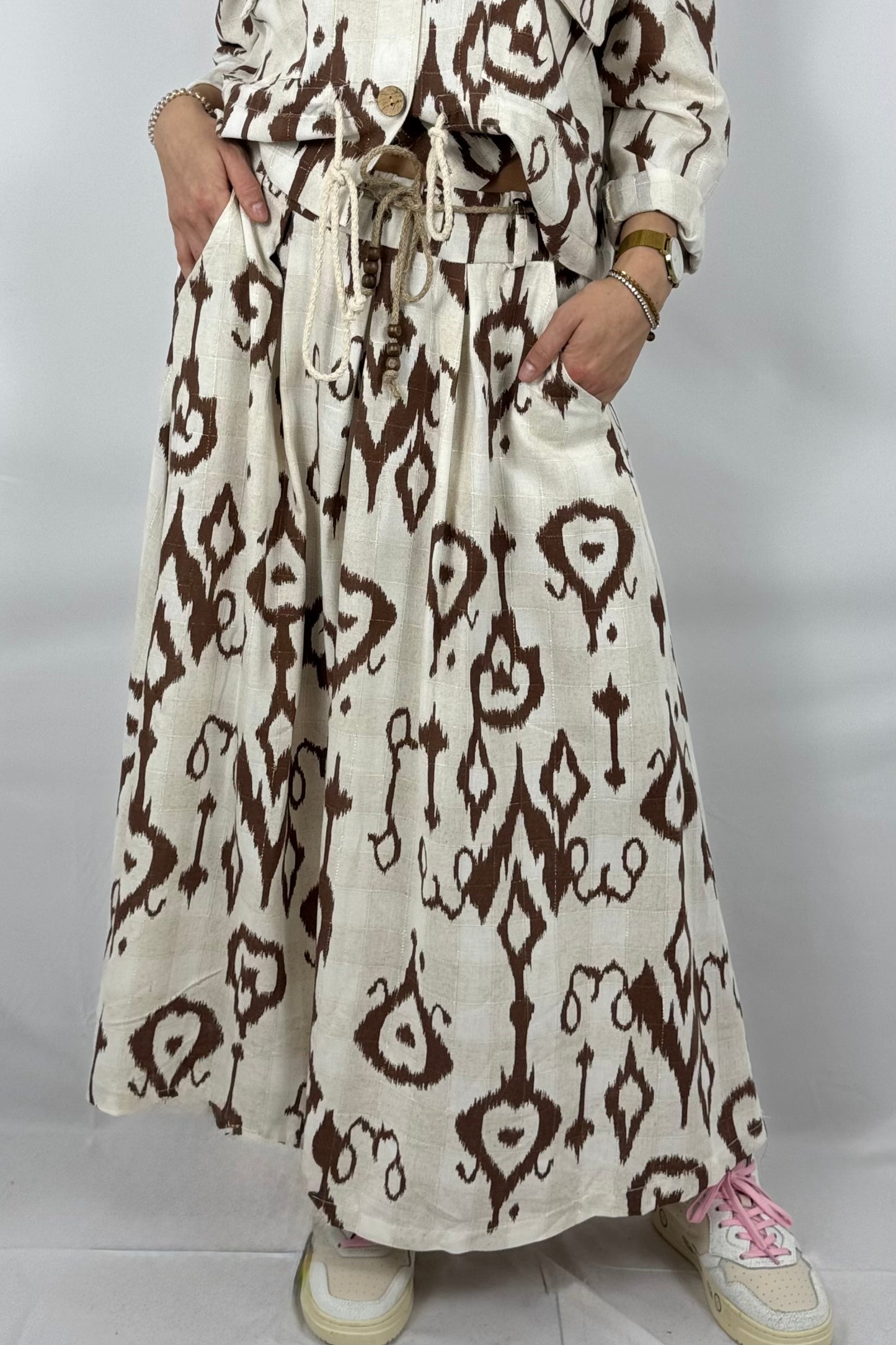 Boho Rock mit Print – Leinen/Viskose-Choco