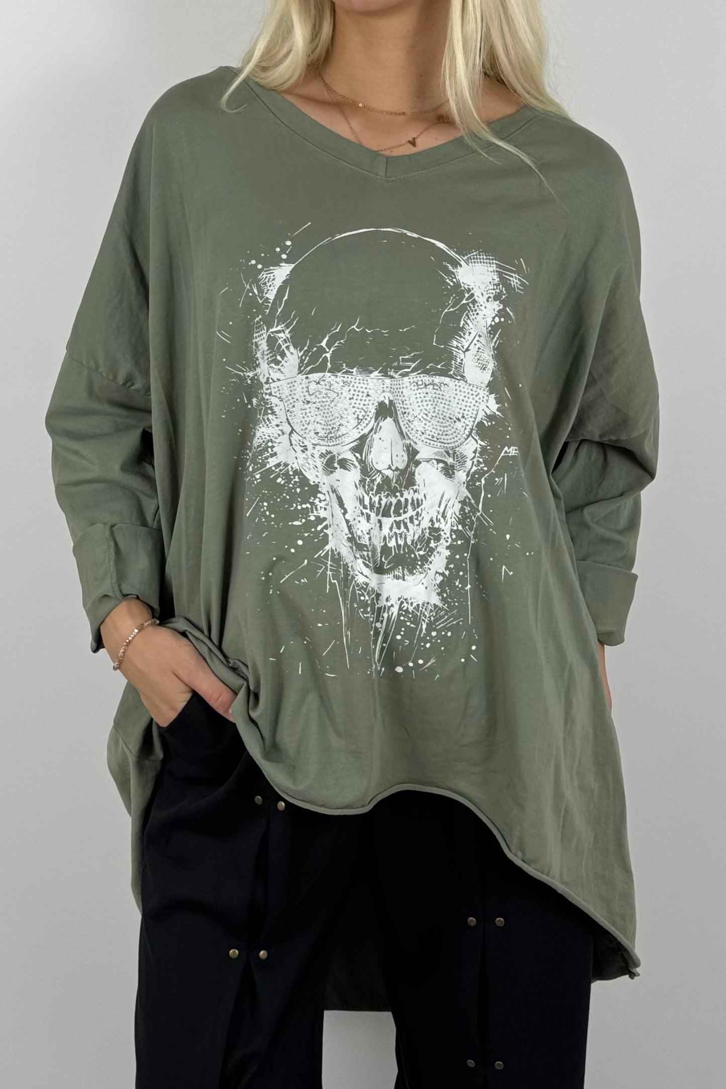 Oversize Damen Shirt mit Totenkopf-Print-Khaki