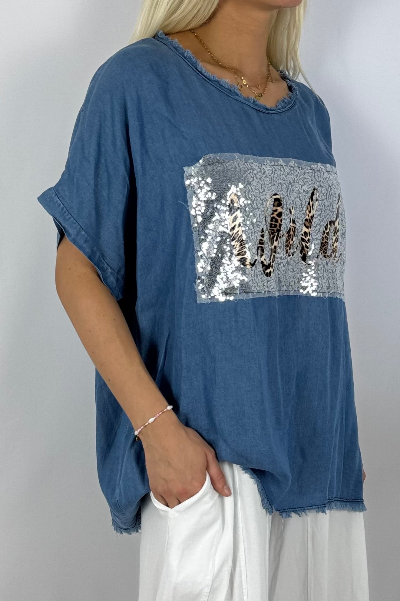 Oversize Tencel-Shirt „Wild“ mit Pailletten-Applikation-Blau