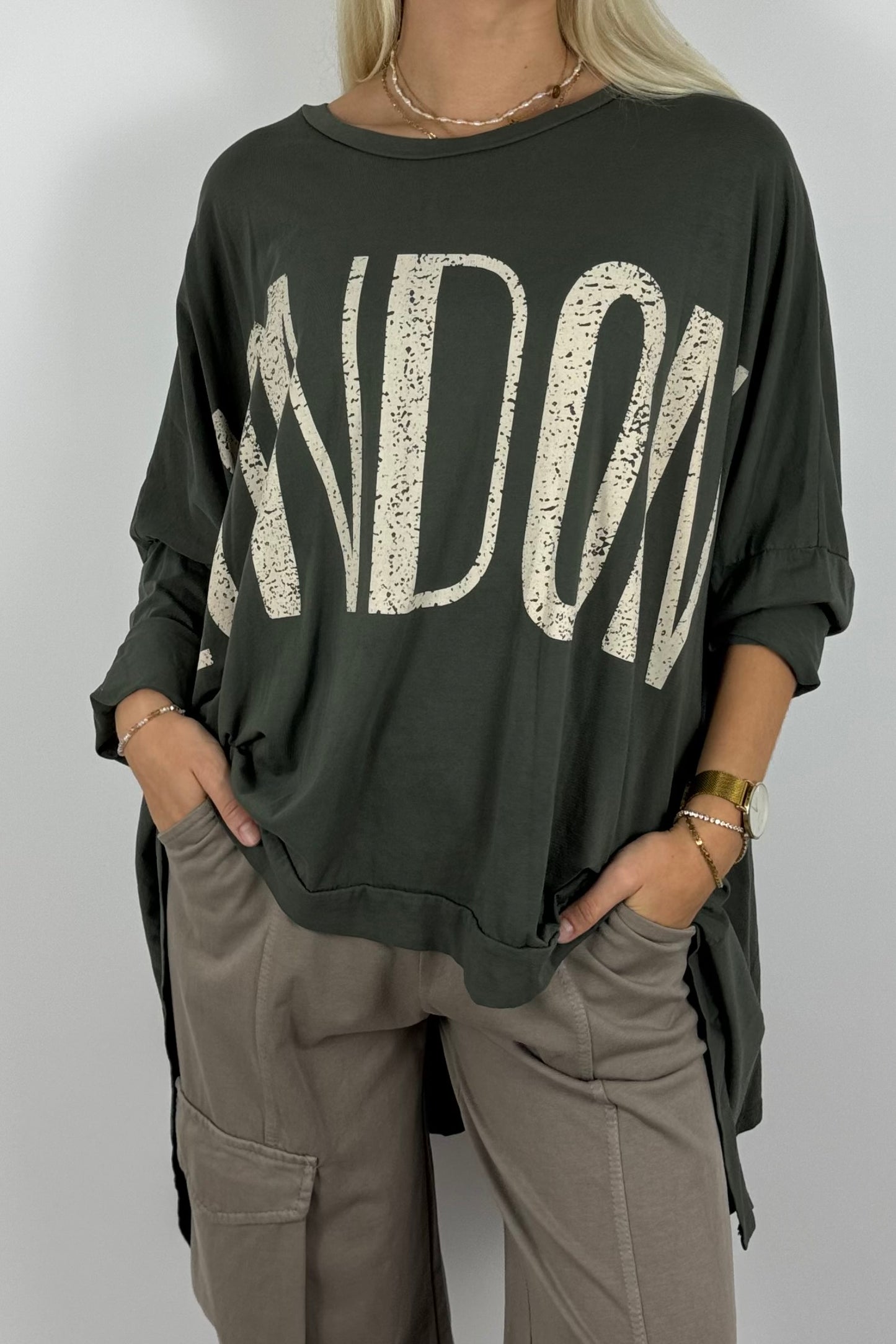Oversize Shirt mit „LONDON“-Print – Khaki