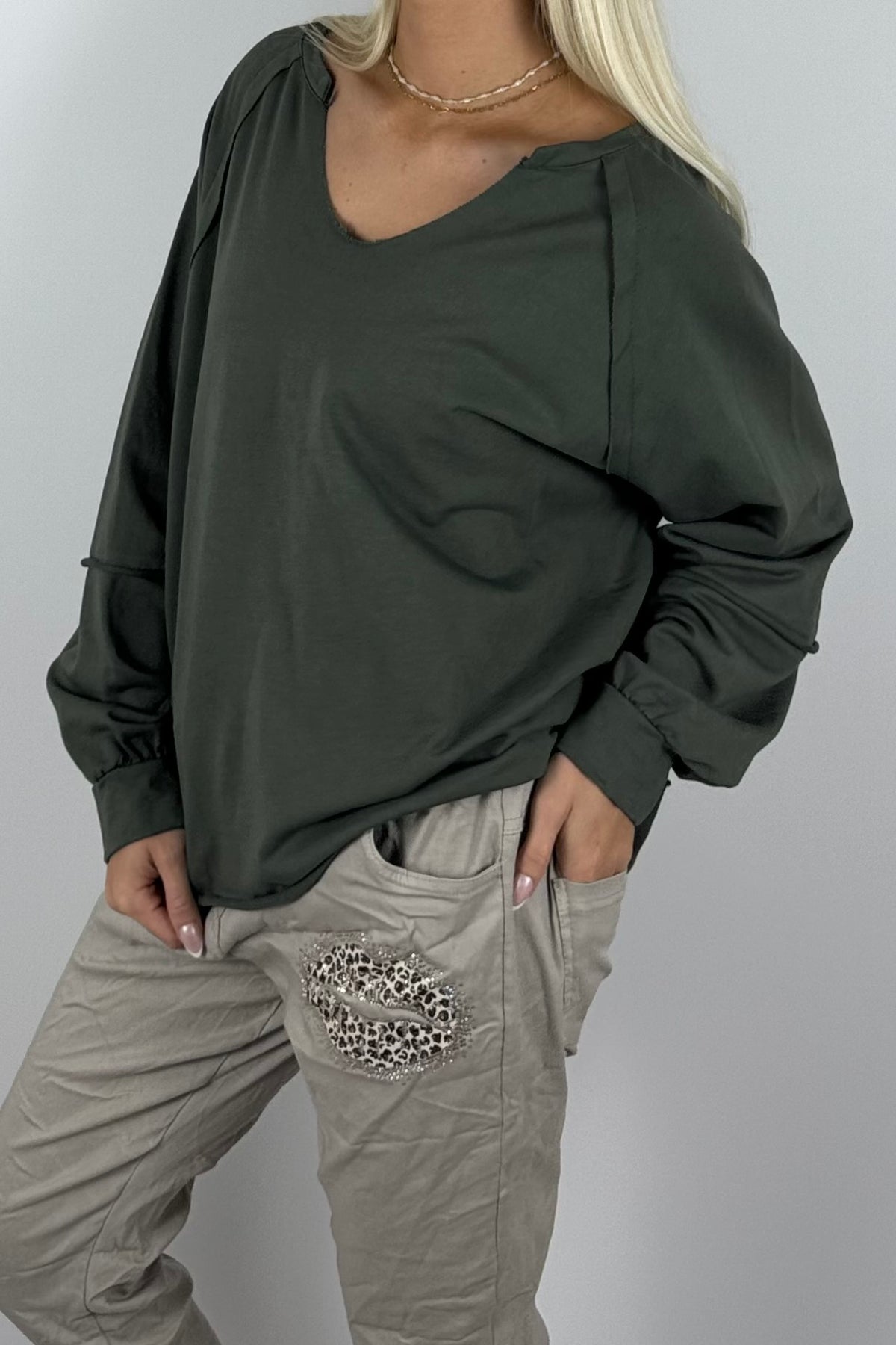 Damen Oversize-Sweatshirt mit V-Ausschnitt-Khaki