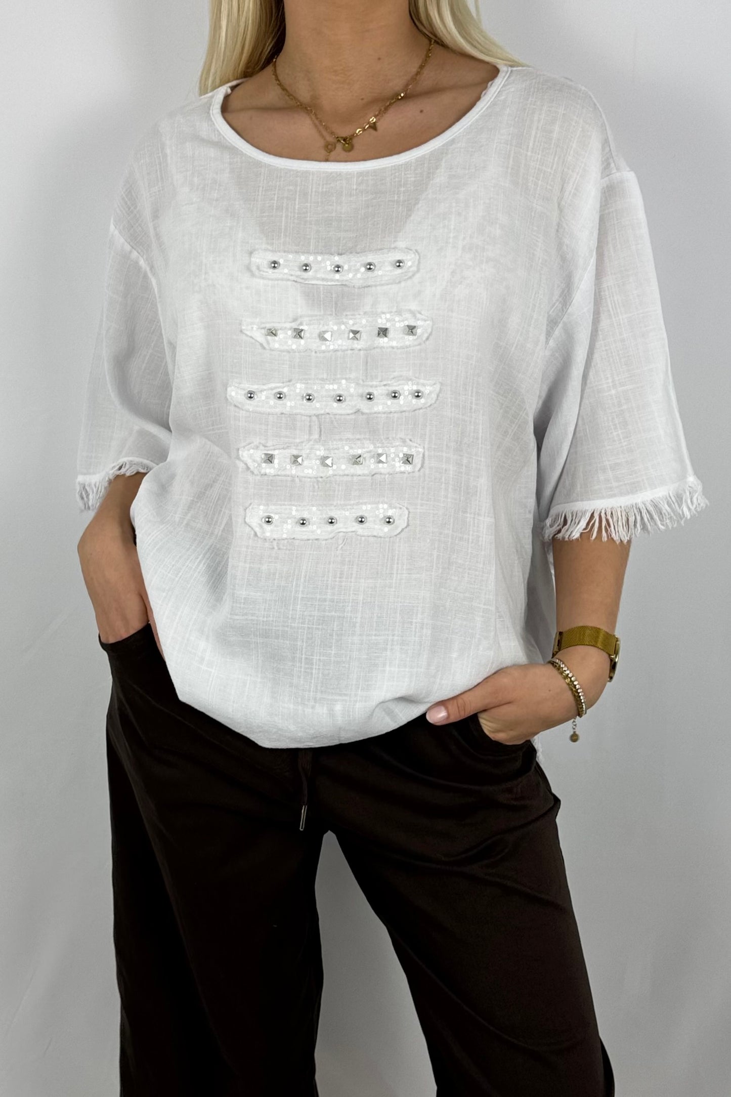 Leinen-Shirt mit Fransen & Nieten-Details-Weiß