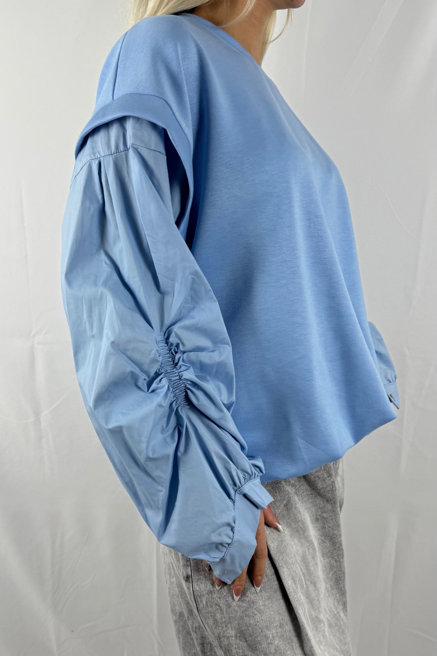 Oversize Sweatshirt mit Volumenärmeln & Tunnelzug –Hell Blau