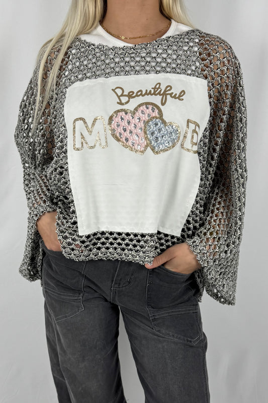 Damen Strickpullover mit Netzstruktur und Beautiful Mood Print-Schwarz