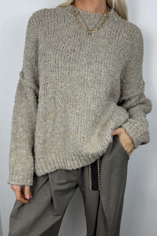 Kuscheliger Grobstrickpullover mit Stehkragen-Beige