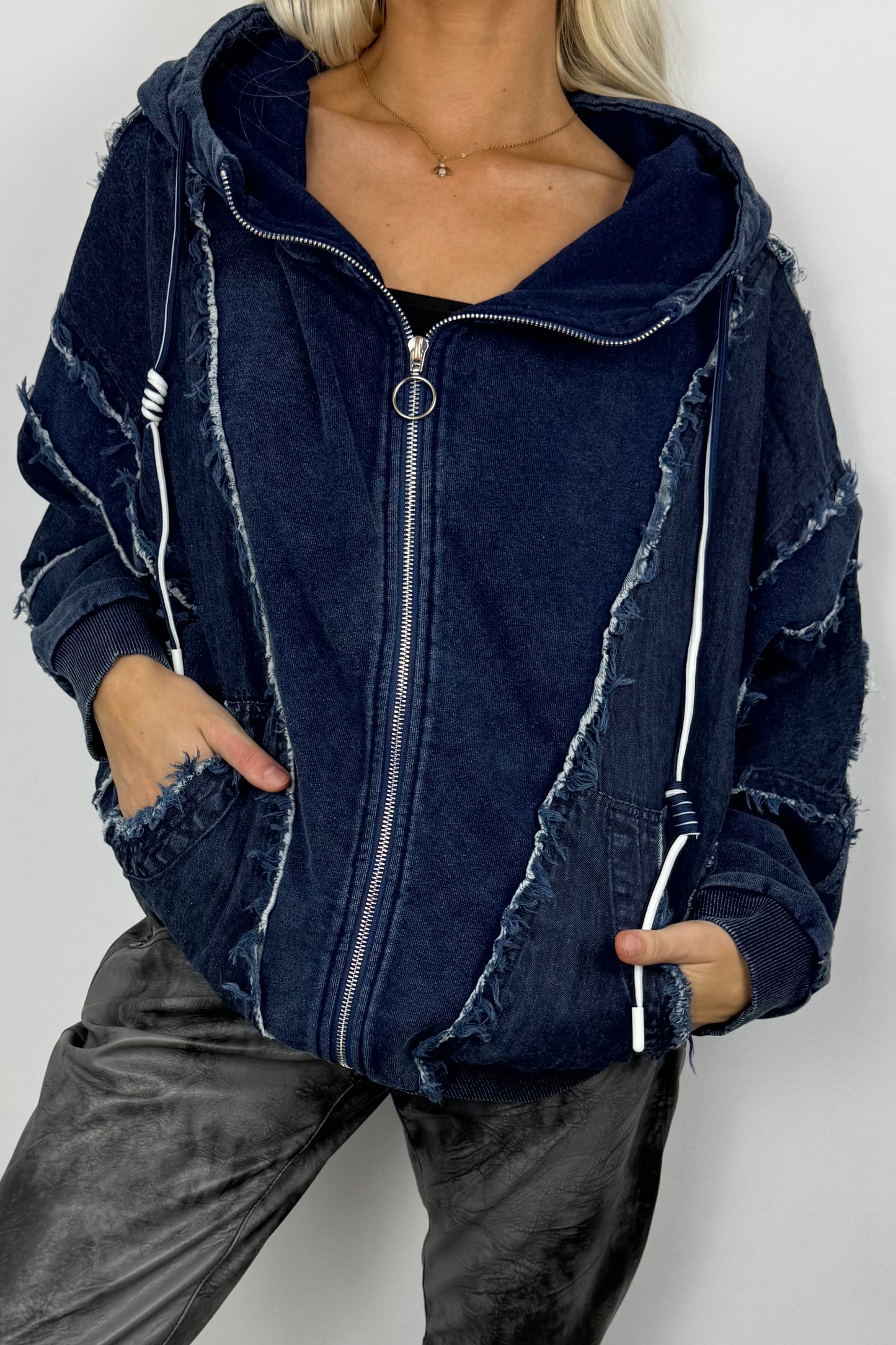 Oversize-Hoodie mit Zipper & Raw-Details –Dunkel BLau