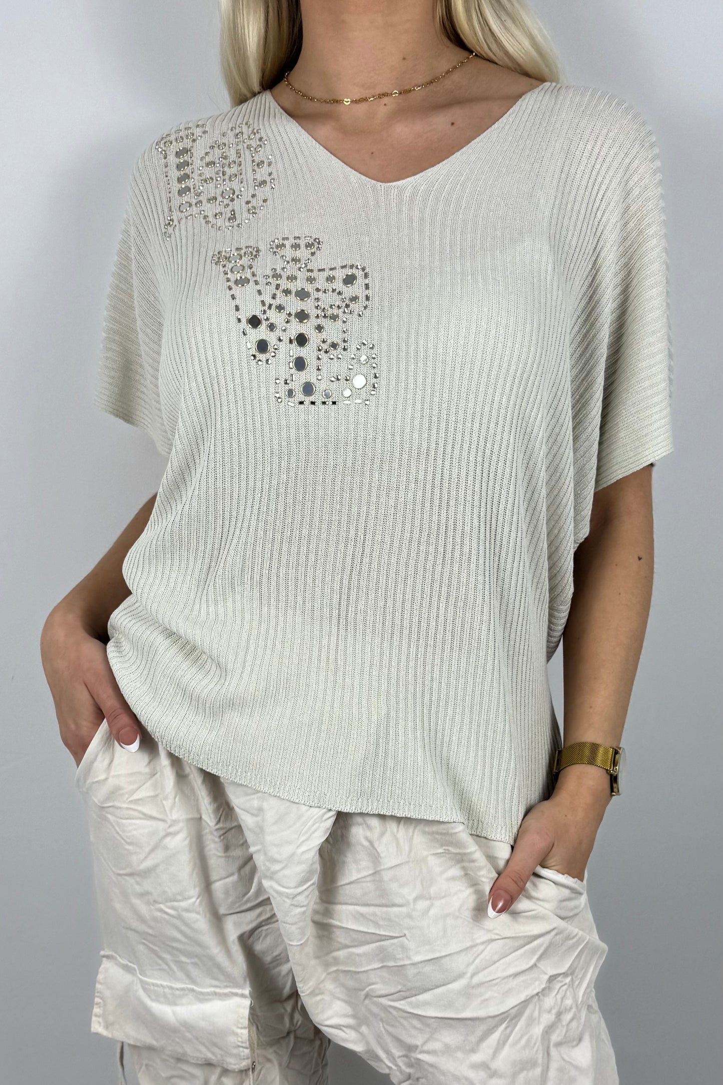 Strickshirt LOVE mit Glitzersteinen Damen-Beige