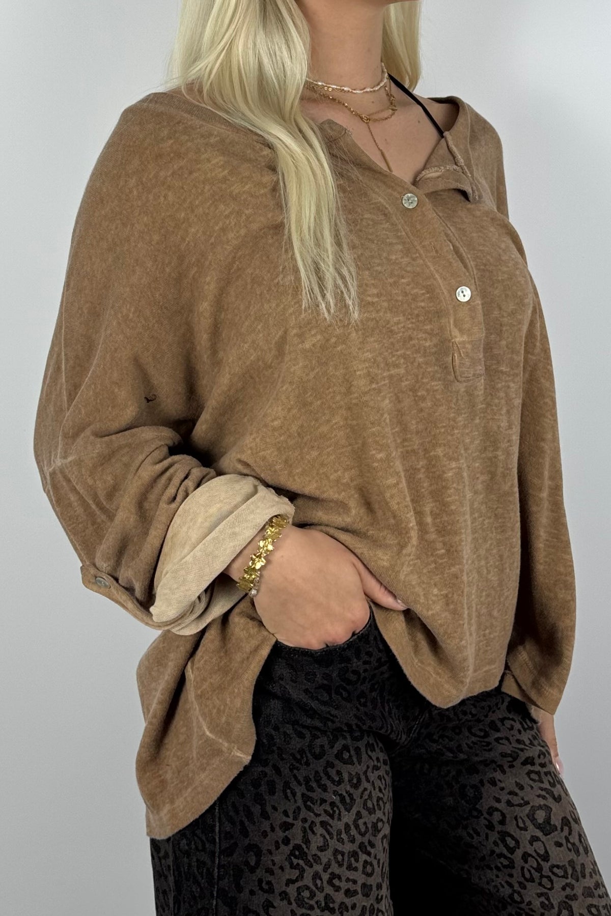 Oversize Shirt mit Knopfleiste-Kamel