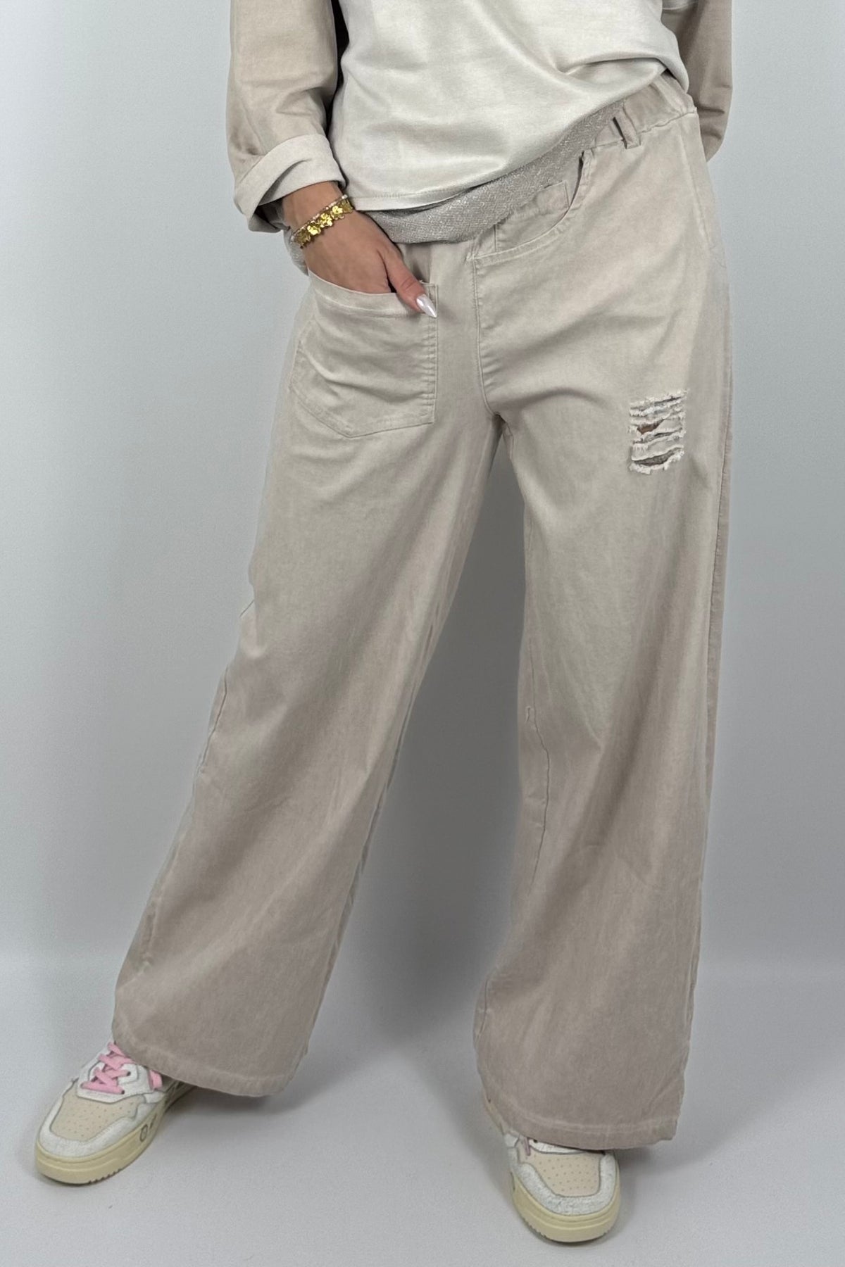 Damen Wide-Leg Hose mit Destroyed-Details – Beige