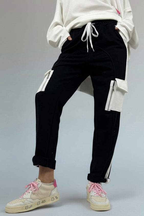 Hose mit Kontrastdetails & Reißverschlusstaschen-Schwarz