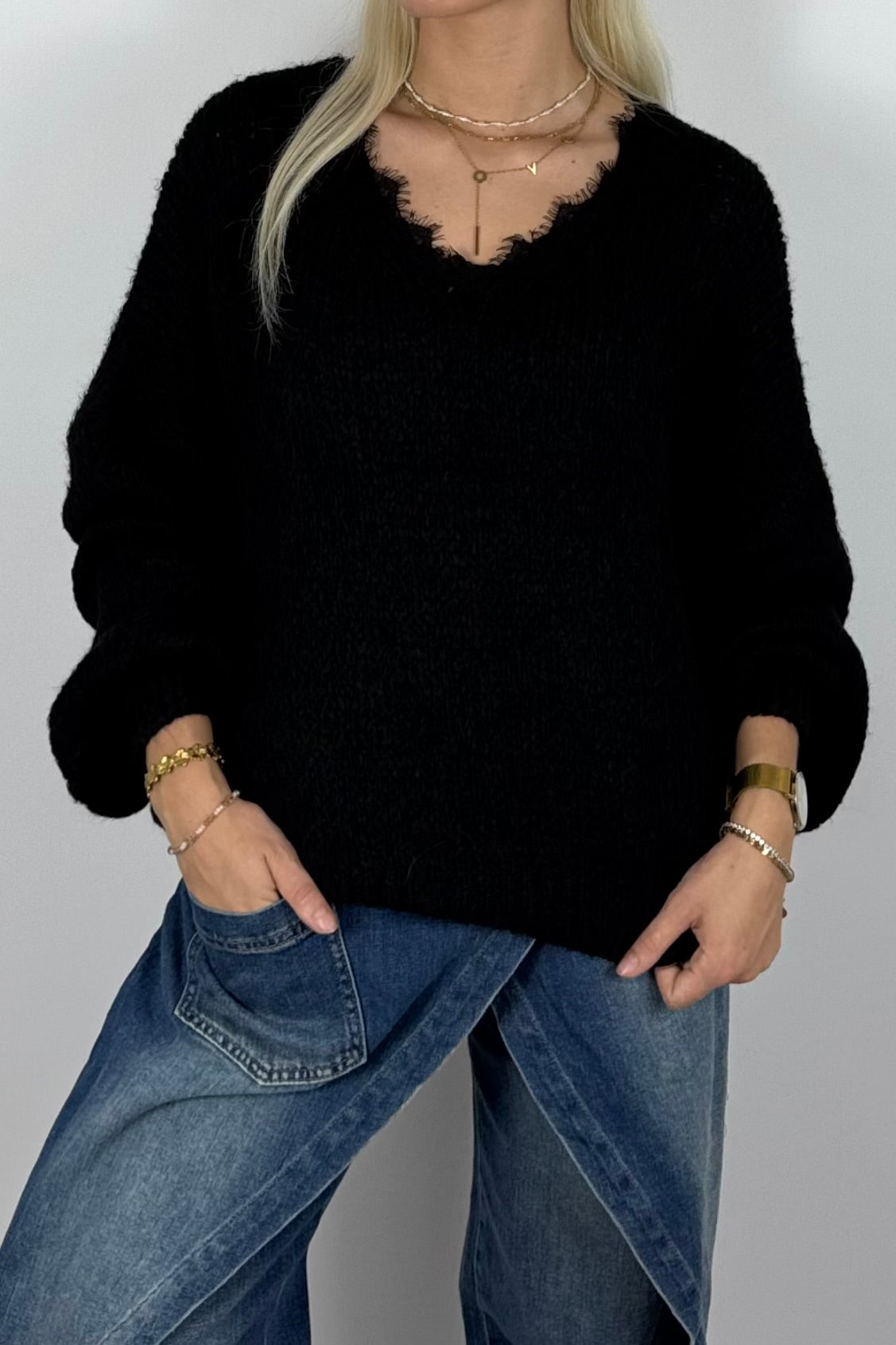 Damen Oversize Strickpullover mit V-Ausschnitt –Schwarz