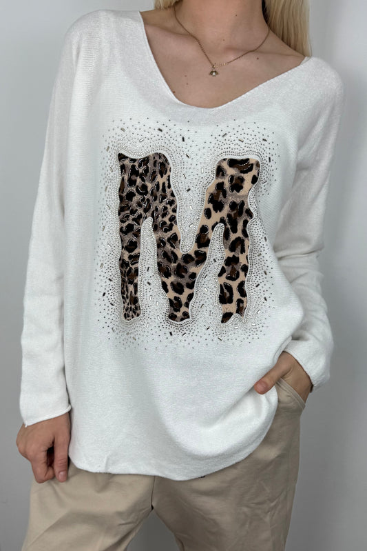 Langarmshirt mit Strass-Detail und M-Applikation-Weiß