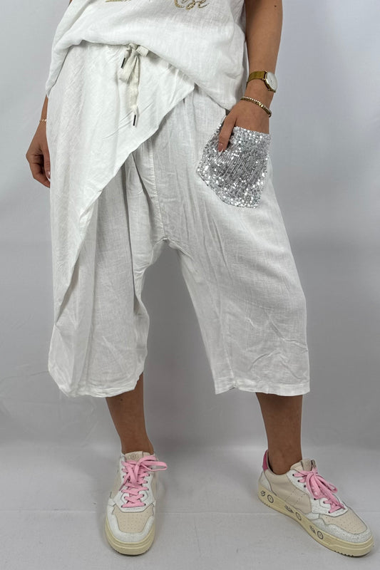 Leichte Wide-Leg-Hose mit Pailletten-Tasche-Weiß