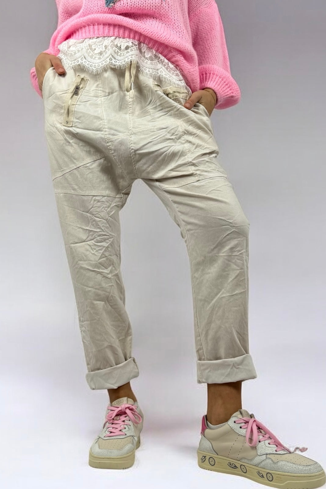 Hose mit elastischem Bund & Reißverschlusstaschen-Beige