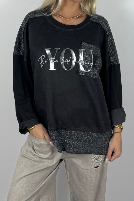 Oversize Damen Sweatshirt mit Glitzer-Details & Schriftzug – grau