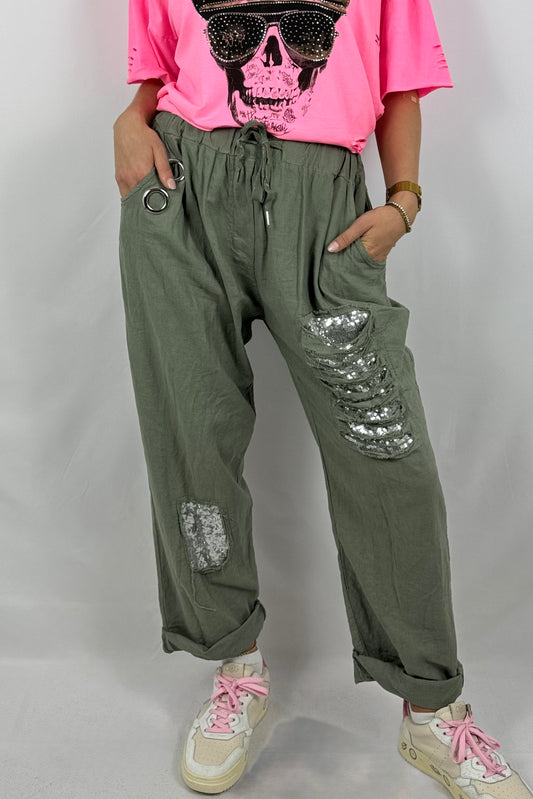 Leinen-Viskose Hose mit Pailletten-Details-Khaki